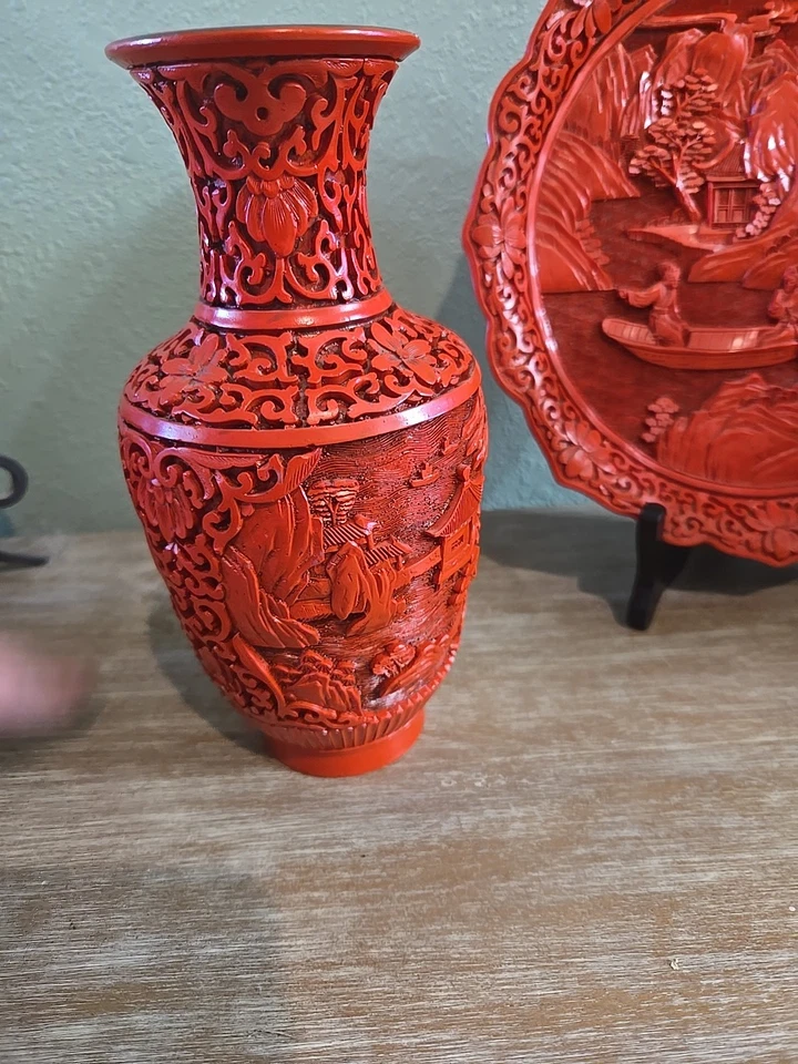 Jarrones y plato de cinabrio rojo tallado en laca china vintage. Leer descripción  Foto 4 de 4