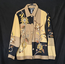 Indigo Moon Artsy Gold Black Tan Embroidered Flowers Women's Blazer Top Sz S