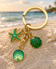 Gold Plated Green Enamel Starfish Shell Mermaid Scale Keychain Bag Charm NIP