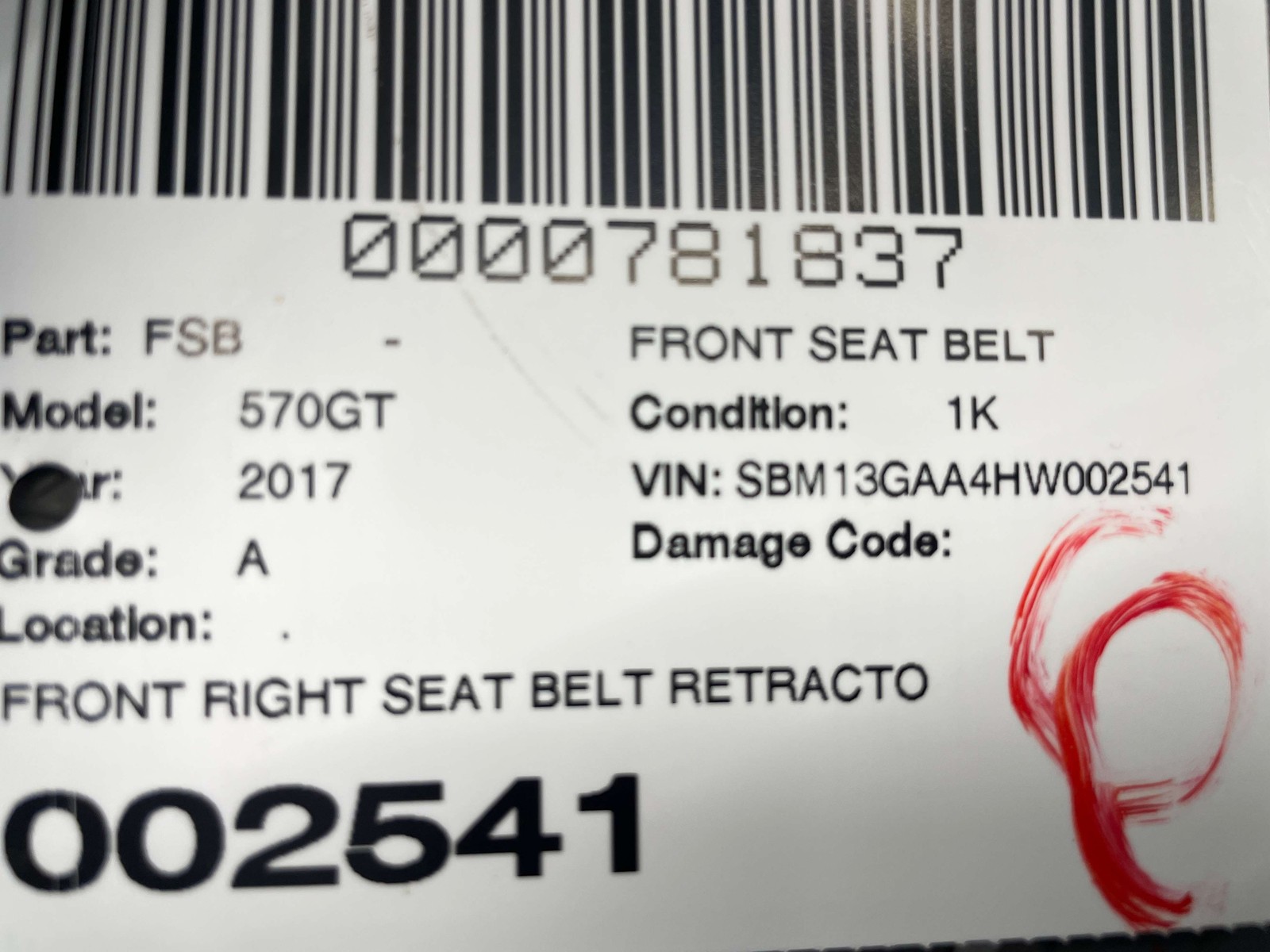 McLaren 570GT 2017-2021 Front Right Seat belt retractor Black