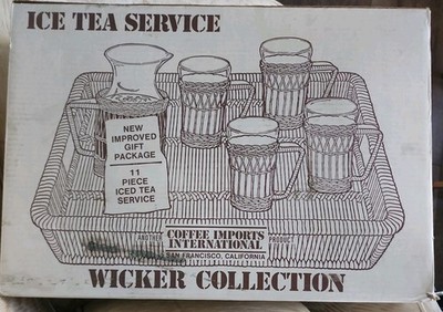 Coffee Imports San Francisco Rattan Wicker Ice Tea Serving Tray With Glasses 