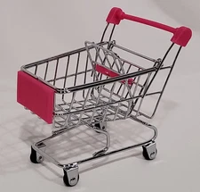 Mini Silver & Dark Pink Metal Grocery Shopping Cart For Dolls & Holiday Elf