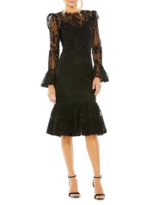 mac duggal black embellished floral long sleeve dress designed to make a memorable impression at any event Black Long Sleeve Sheer Floral
