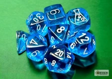 Lab Dice: 7 Translucent Tropical Blue w/ White 7 Polyhedral Dice (with Bonus Die