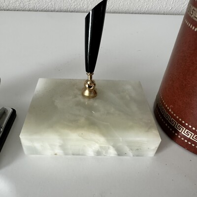 Vintage Marble Desktop Pen Holder Lot W/2 Hole Punch And Leather Pen Pencil Cup