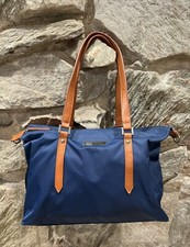 Perry Mackin Navy Blue Diaper Bag With Faux Leather Camel Trim Tote