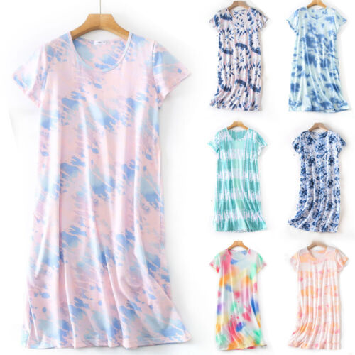 Women Nightdress Short Sleeve Round Neck Printed Sleep Dress Loose Comfortable
