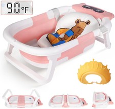 Foldable Baby Bath Tub Collapsible Infant Shower Bathtub with Thermometer, Pink