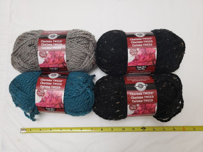 4 Skeins Of Loops & Threads Charisma Tweed Yarn! 2 Black, 1 Gray & 1 Blue! Soft!