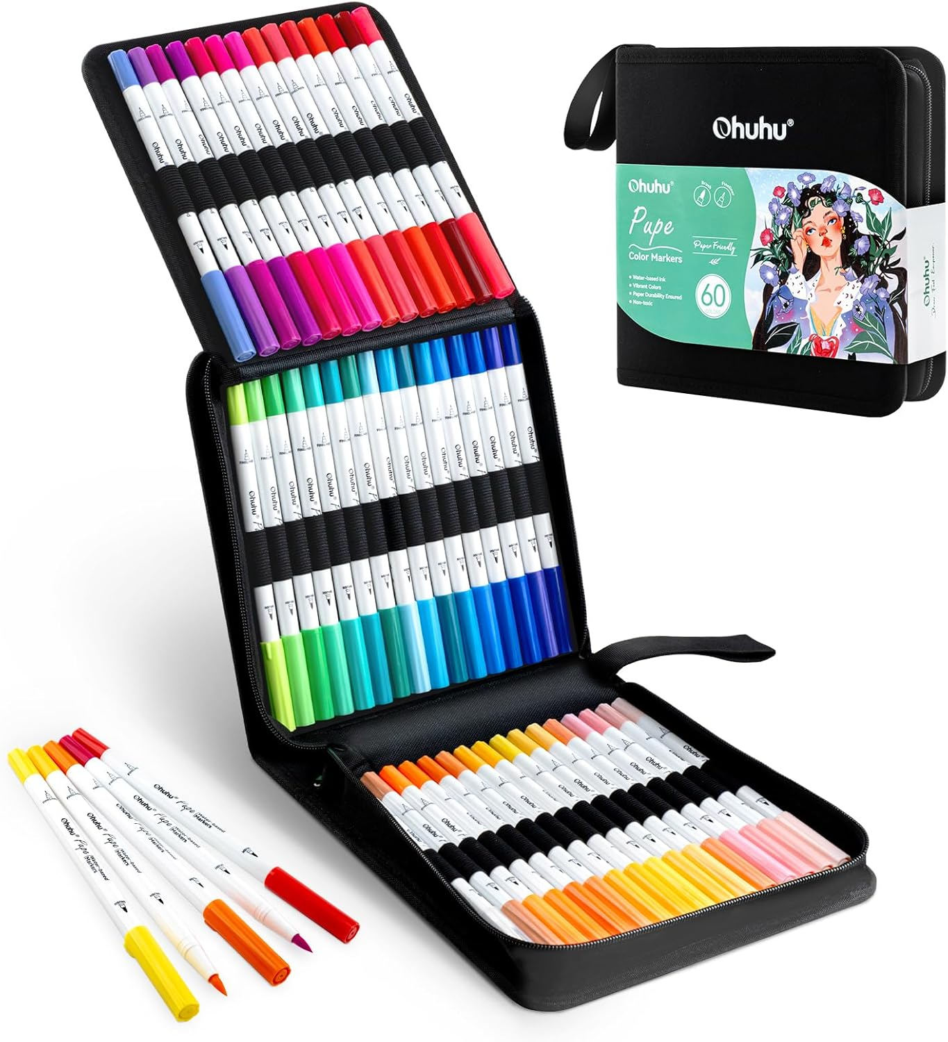 60-Color Water-Based Dual-Tip Markers for Smooth Paper Coloring No Peeling