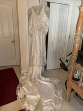 Vintage 1990s Alfred Angelo White Satin Wedding Dress Train Long Puffed Sleeves