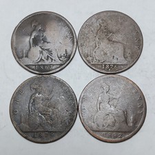 4x Great Britain Penny Coins - 1867, 1876-H, 1879 and 1882 Dates - Victoria