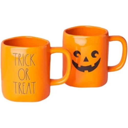 Rae Dunn Orange Ceramic TRICK or TREAT Halloween Jack-o-Lantern Mug Set