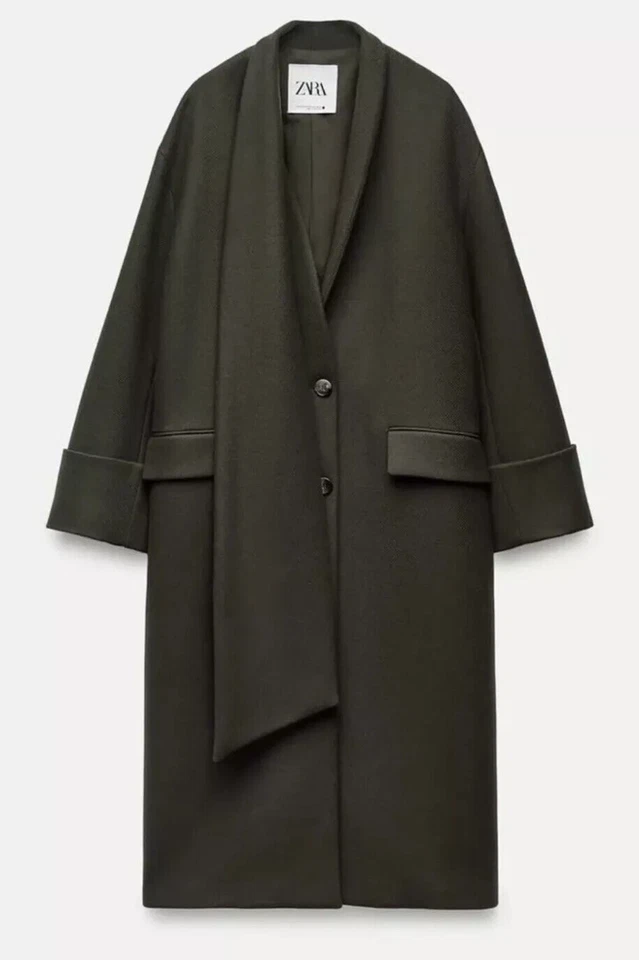 ZARA ZW COLLECTION MINIMALIST SCARF COAT KHAKI, XS-S, M-L REF. 8606/744 NWT