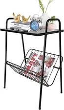 End Table, Metal Nightstand, Record Player Table with Magazine Holder, Record Pl