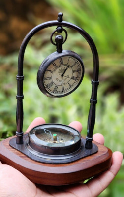 Clock Table Compass Brass Antique Desk Nautical Vintage Top London Base Decor Gi