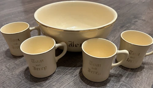 Vintage Ivory Gold Homer Laughlin  Tom & Jerry Punch Bowl Set 4 Cups Mugs
