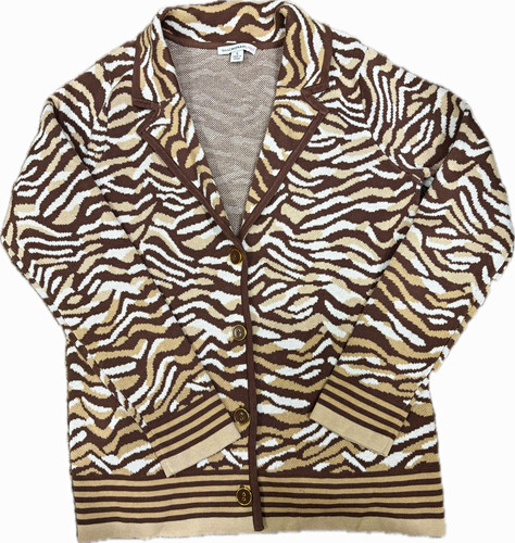Isaac Mizrahi Live! Brown Beige Zebra Print Button Collared Knit Cardigan L