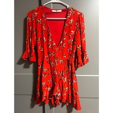 Zara Women V-Neck 3/4 Flutter Sleeve Wrap Floral Mini Romper Red Small Valentine
