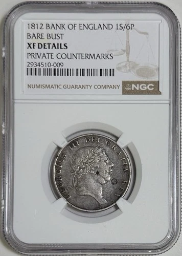 1812 Bank of England 1 Shilling 6 Pence NGC XF Silver Coin Bankers Countermarks