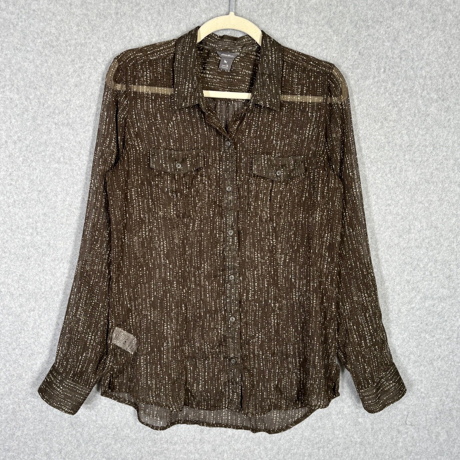 Eddie Bauer Womens Medium Brown Sheer Utility Button Down Blouse for Office or Casual Wear