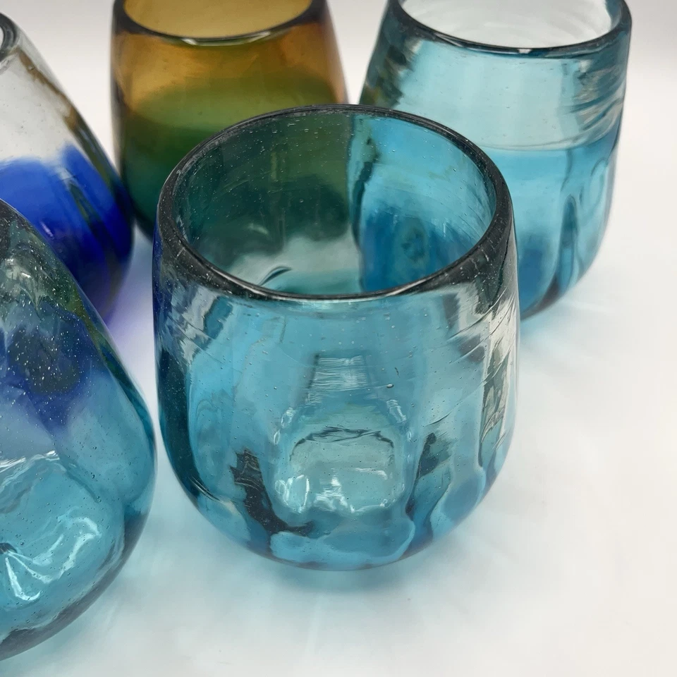 Juego de 5 vasos mexicanos soplados a mano azul verdoso verde y ámbar Foto 3 de 4
