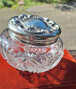 Antique Cut Glass Dresser Powder Jar Sterling Silver Lid Pat. 1900 - R W & S Co