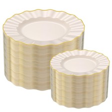 ISFANGCO 102Pcs Ivory White Plastic Plates with Gold Trim, 102PCS,