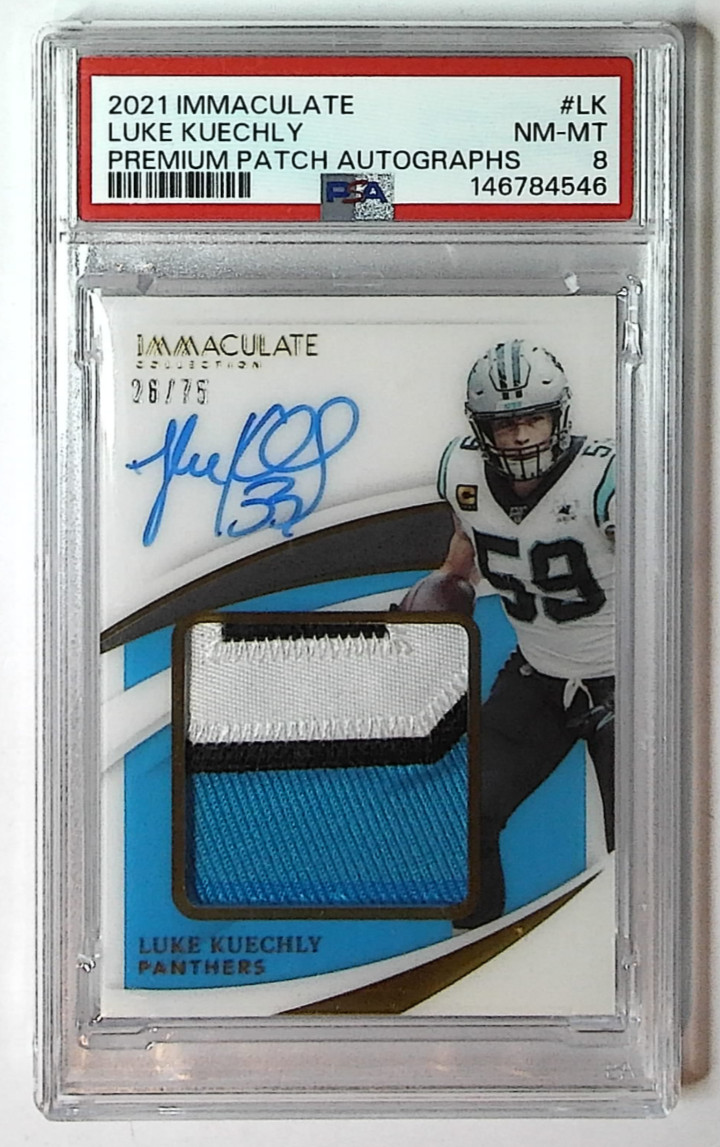 2021 Panini Immaculate Luke Kuechly #LK Premium Patch AUTO /75 Panthers PSA 8