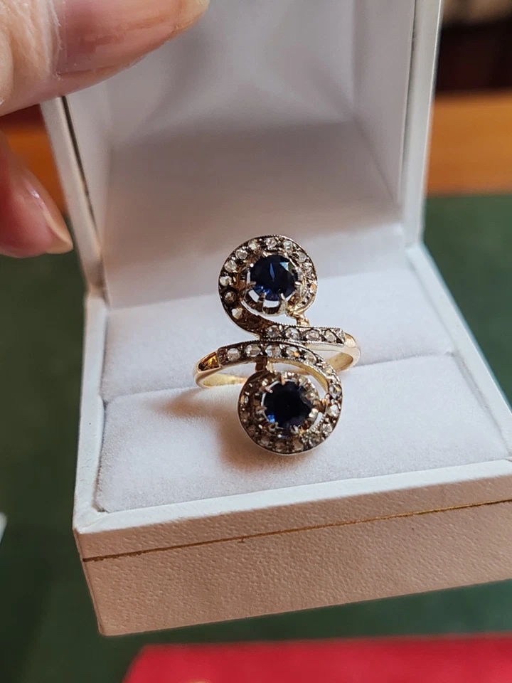 Bague toi et moi ancienne or 18 carats saphirs et diamants taille ancienne - Photo 2/4