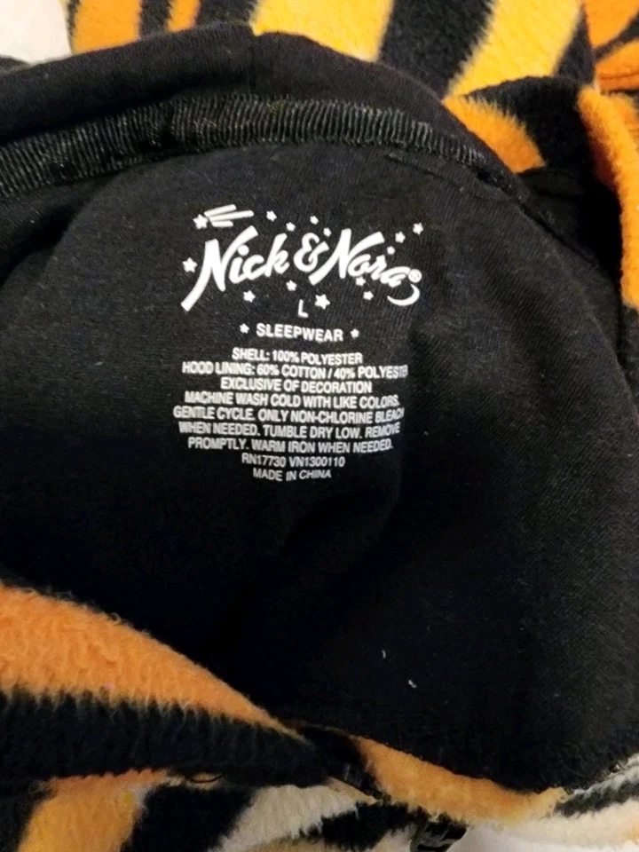 NICK & NORA Tiger 条纹睡衣连身裤女式 L 码连体服装 3D 连帽 — 第 4/4 张图片