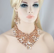 Large Leaves Austrian Crystal Rhinestone Bib Necklace Earrings Set Prom N950