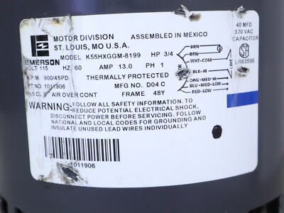 EMERSON K55HXGGM-8199 Blower Motor 115V 3/4HP 900RPM 4SPD