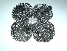 Oxidized Silver Filigree White Rhinestone Floral 3.5" Hair Clip