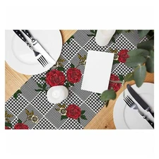 Table Runner Red Rose Flowers on Black PlaidCotton Linen Table Runner Decorat...