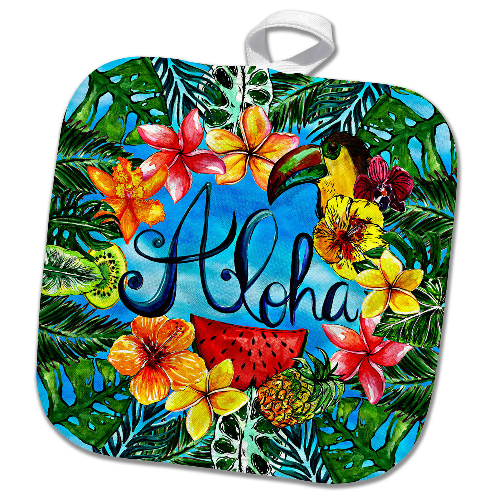 3dRose Aloha Colorful Trendy Palm Leaves Jungle Tropical Hawaii Typography 8x8 P