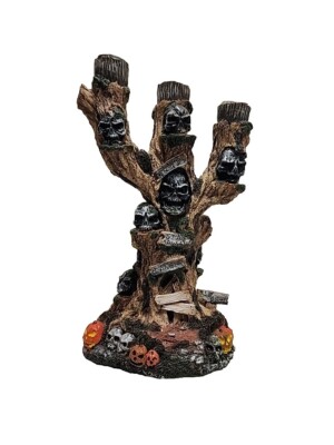 Vintage Fun World Creepy Candle Holder Candelabra, Halloween Skull Tree Pumpkins