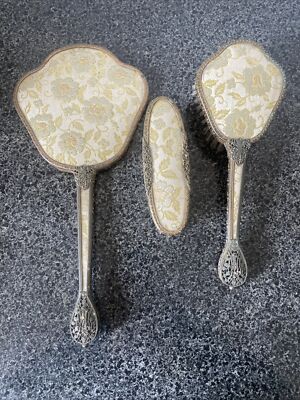 Vintage Embroidered Vanity Dressing Table Set Mirror Brushes 3 Pieces