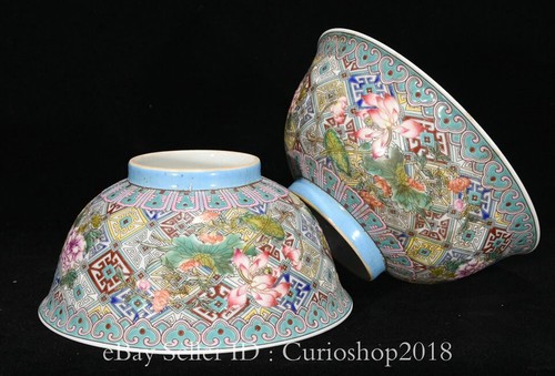 Par de tazones de té con patrón de flores de porcelana pastel chino marcado Qing Kangxi de 6" - Imagen 6 de 9
