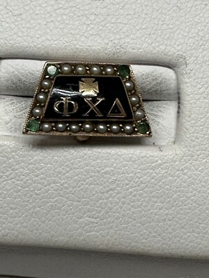 Phi Chi DeltaFraternity Pin 10k Gold Pearls And Emerald Vintage Enamel Rare