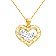 Genuine 14k Two-Tone Gold 0.78" Open Heart 1 Mom Mother's Day Necklace 16"-22"