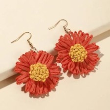 Orange Yellow Raffia Flower Tropical Beach Vacation Dangle Earrings NEW