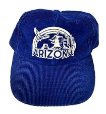 Vintage 80's Yupoong Arizona Corduroy Script Snapback Hat Navy Blue Rare VGC