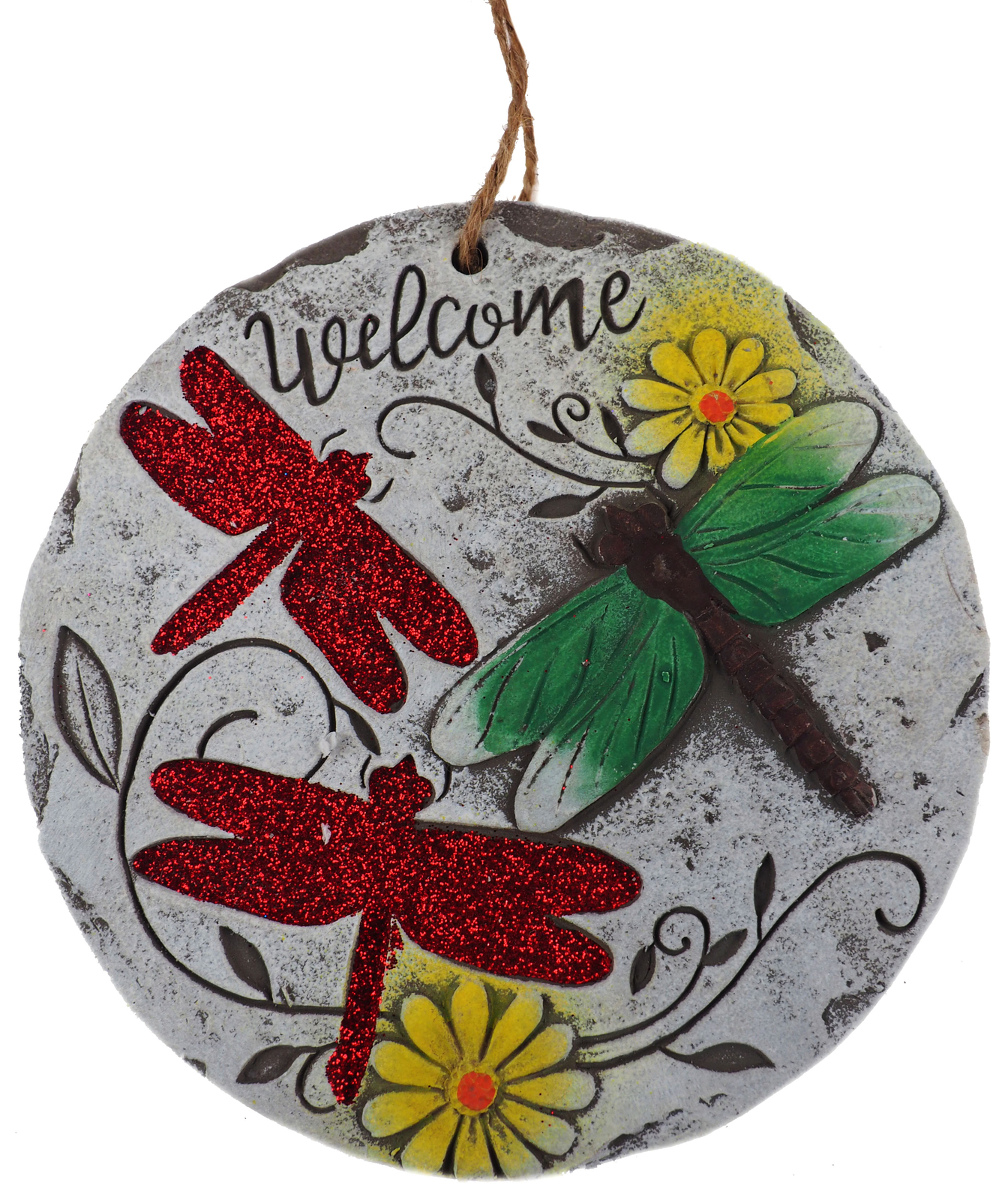 Hanging Welcome Garden Quote 16cm Round Plaques - Dragonfly