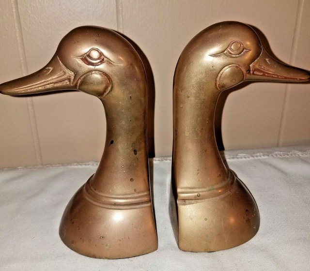 Vintage Pair (2) Solid Brass Duck Head Bookends Door Stopper 6.5 Inch