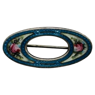 Charles M Horner Oval Guilloche Enamel Brooch Roses Art Nouveau RARE