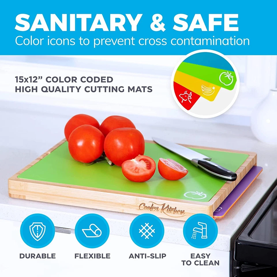 Easy to Clean Bamboo Wood Cutting Board Set 6 Color Coded Flexible Chopping Mat - Image 2 of 4