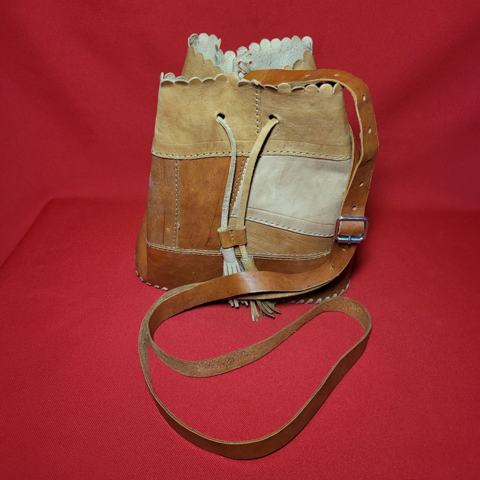 Leather Patchwork Drawstring Bucket Shoulder Cros… - image 2