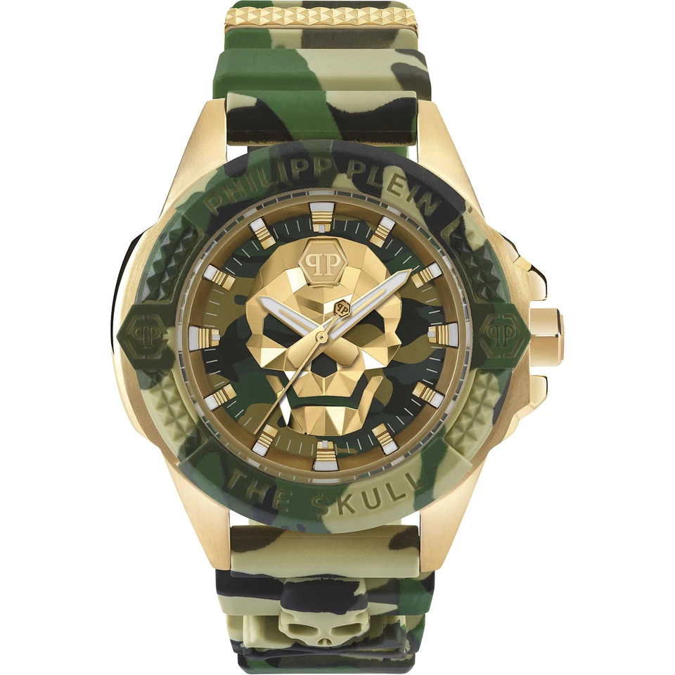 Orologio Uomo PHILIPP PLEIN THE SKULL PWAAA0921 Silicone Camouflage Verde Gold
