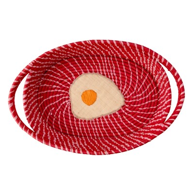 RICE: Brotkorb oval aus Raffia ''Fried Egg'', 30 x 24 cm, Rot, mit Griffen,